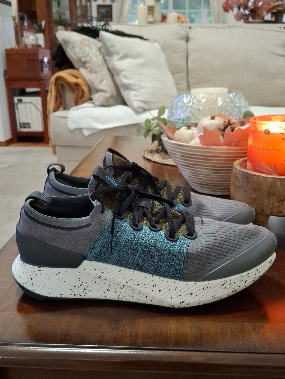 Allbirds Womens Tree Glider Knit Stormy Gray Sneakers with Teal Accent Size 11